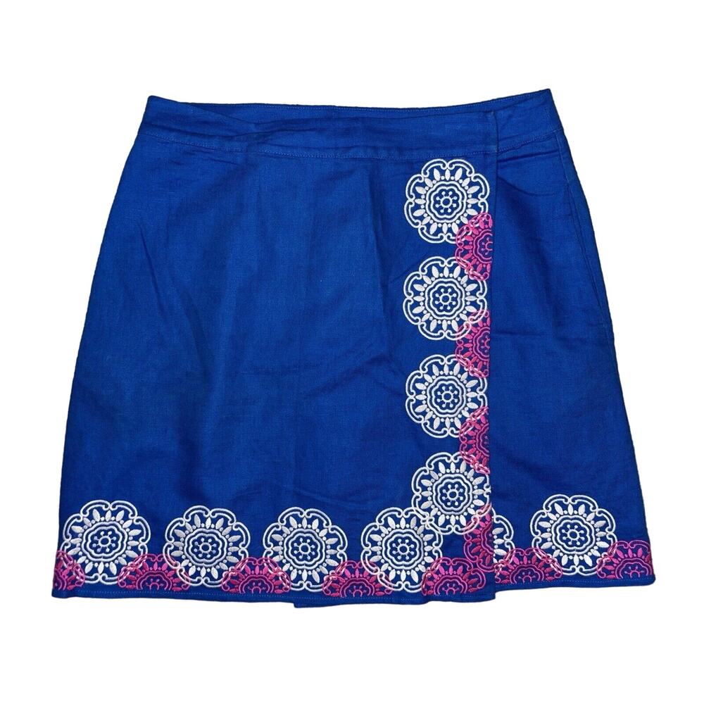 Boden Embroidered Wrap Skirt Size 8 Linen Blend Embroidered Blue/Pink/White‎ EUC